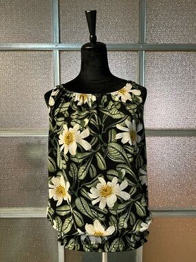 Ann Taylor Black, Green, Yellow & White Floral Sleeveless Blouson Sleeveless Top